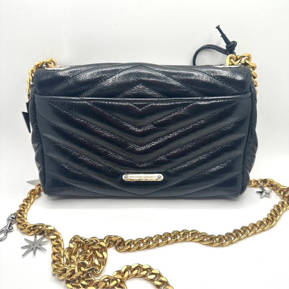 New Rebecca Minkoff Edie Leather Crossbody Bag Black Celestial Charm Quilted - Picture 4 of 14